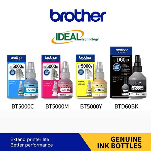 Brother BT5000 Cyan, Magenta, Yellow & BT-D60BK Black Ink – Genuine Full Set