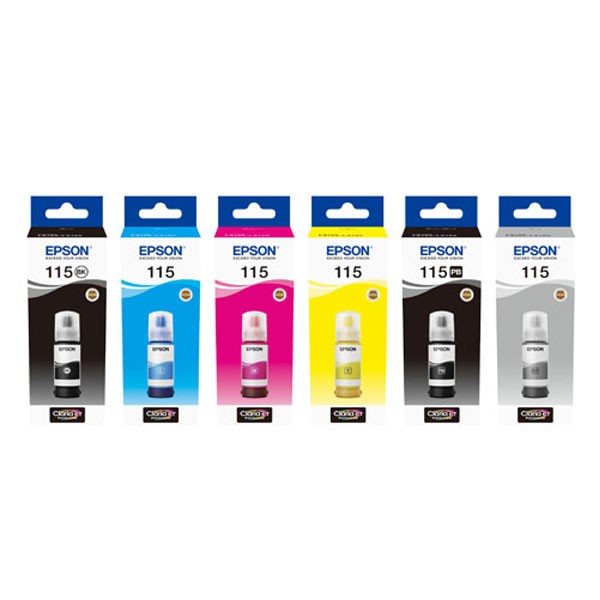 Epson 115 EcoTank Six Color (Pigment Black, Cyan, Black, Magenta, Yellow, Grey) Ink Bottle