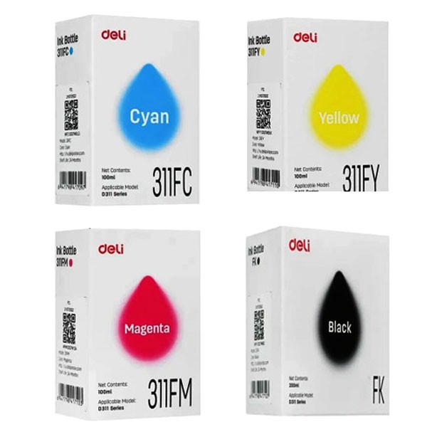 Deli 311F CMYK Full Set 4 Color Ink Bottle for D311NW Printer